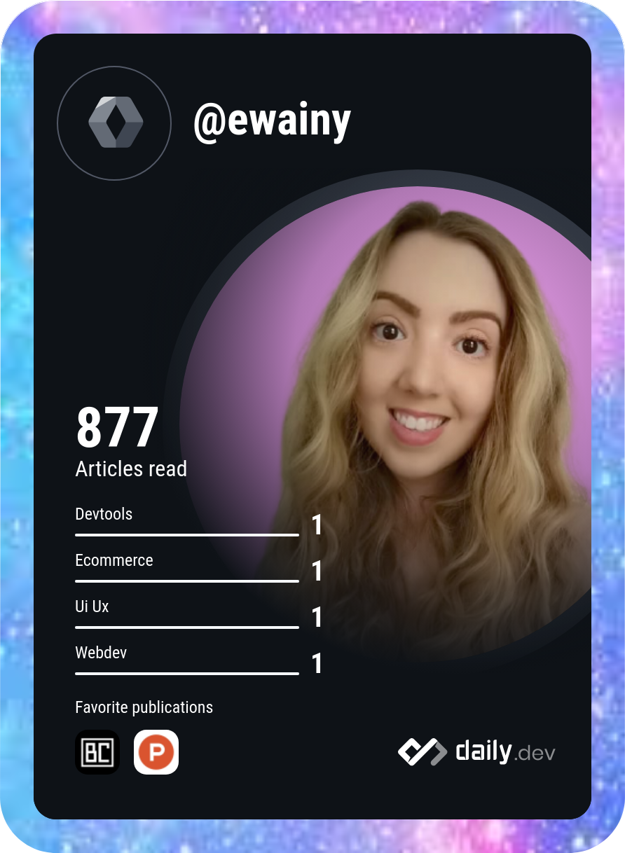 my dev card which shows a picture of me and shows articles read and favourite tech categories from the platform daily dev