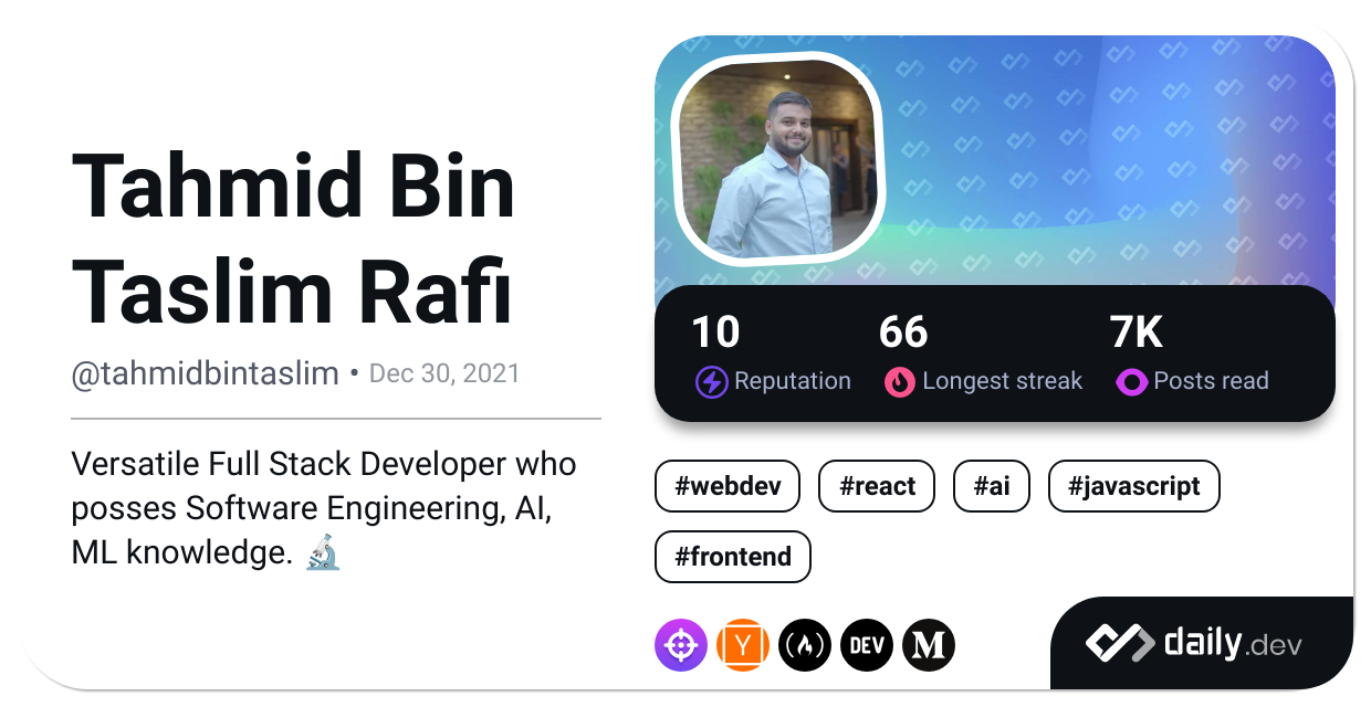 Tahmid's Daily Dev Card showing reading history and developer stats