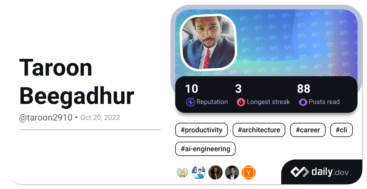 Taroon Taroon Beegadhur (@taroon2910) | daily.dev